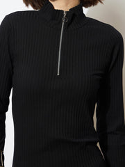 Women Black Rib High Neck Front Half Zipper Dress