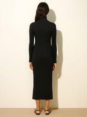 Women Black Rib High Neck Front Half Zipper Dress