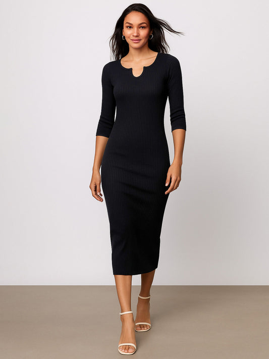 Women Black Rib Basic V-Neck Midi Dress