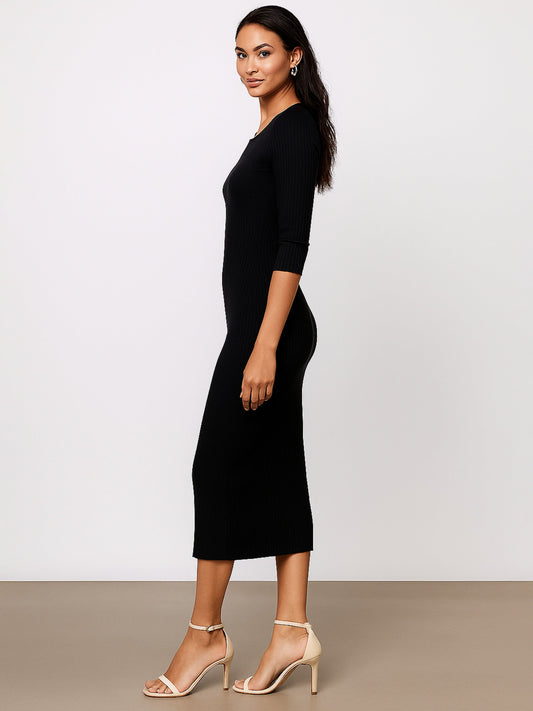 Women Black Rib Basic V-Neck Midi Dress