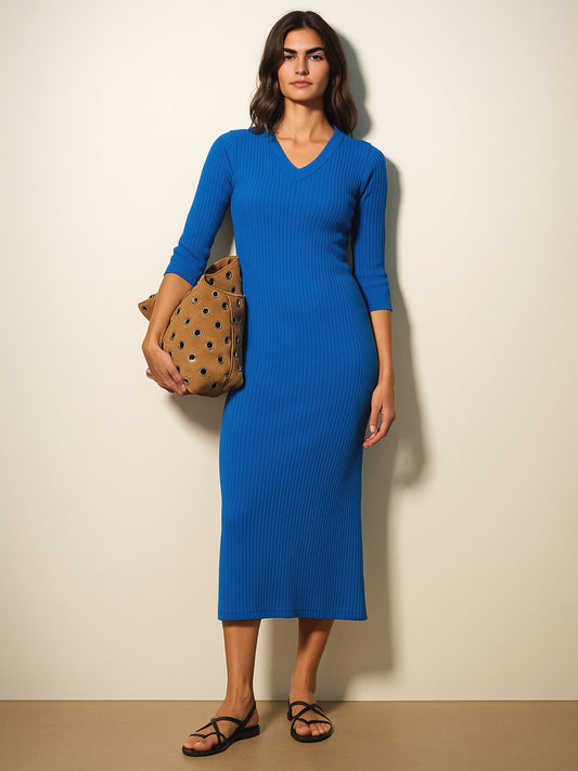 Women Royal Blue Rib Basic V-Neck Midi Dress