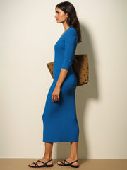 Women Royal Blue Rib Basic V-Neck Midi Dress