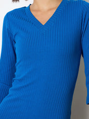 Women Royal Blue Rib Basic V-Neck Midi Dress