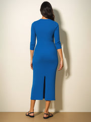 Women Royal Blue Rib Basic V-Neck Midi Dress