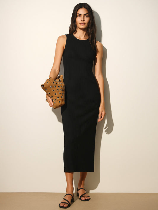 Women Black Rib Back Cut-Out Midi Dress