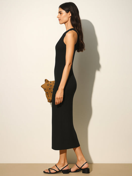 Women Black Rib Back Cut-Out Midi Dress