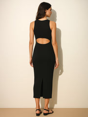 Women Black Rib Back Cut-Out Midi Dress