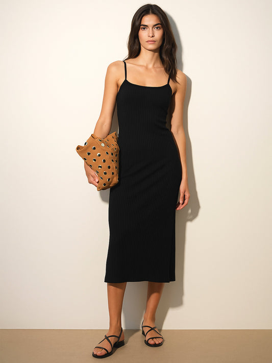 Women Black Rib Strappy Slip-on Dress