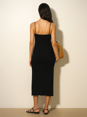 Women Black Rib Strappy Slip-on Dress