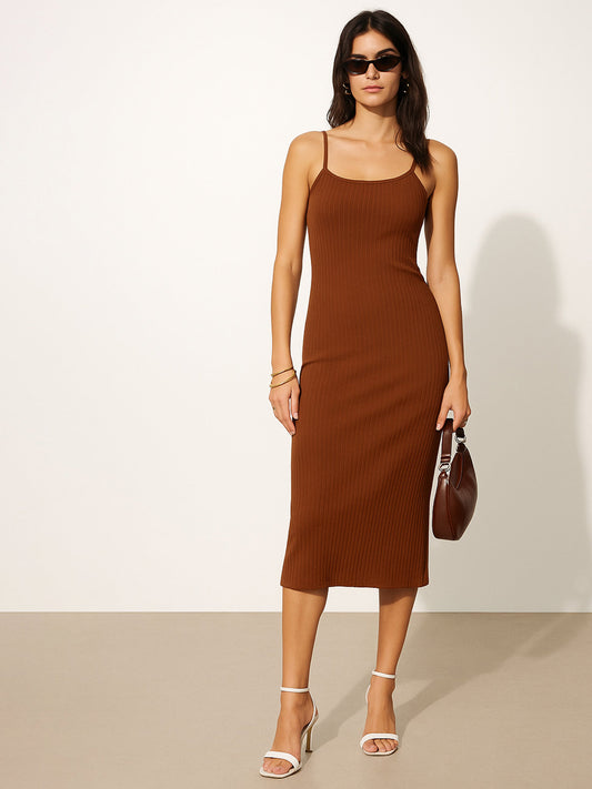 Women Brown Rib Strappy Slip-on Dress