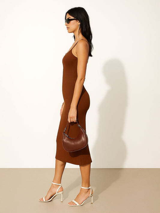 Women Brown Rib Strappy Slip-on Dress