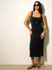Women Black Rib Square Neck Sleeveless Midi Dress