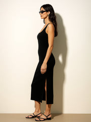 Women Black Rib Square Neck Sleeveless Midi Dress