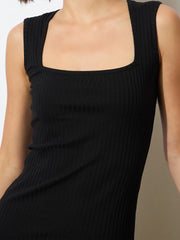Women Black Rib Square Neck Sleeveless Midi Dress