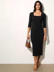 Women Black Rib Square Neck Sticth Detail Midi Dress