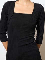Women Black Rib Square Neck Sticth Detail Midi Dress