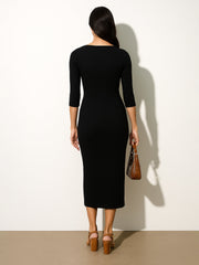 Women Black Rib Square Neck Sticth Detail Midi Dress