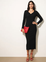 Women Black Rib Sweetheart Neck Ankle Full Sleeve Midi Dress