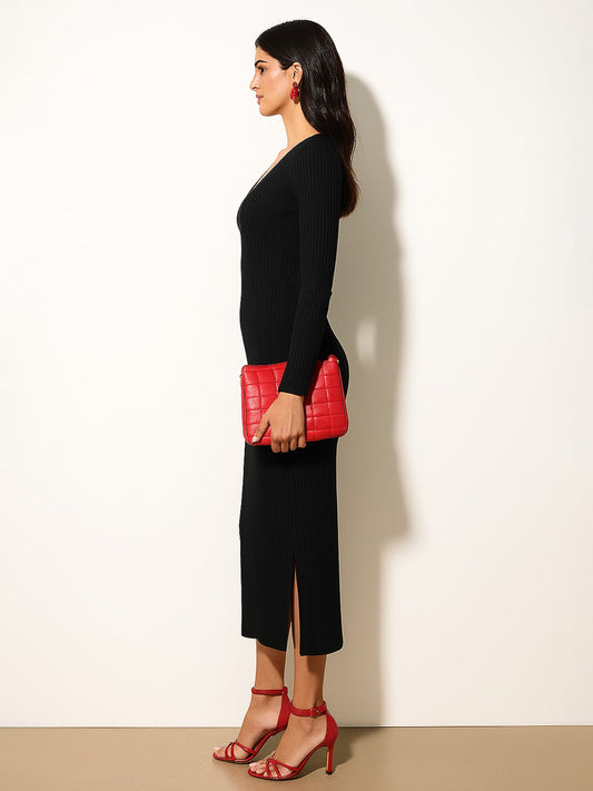 Women Black Rib Sweetheart Neck Ankle Full Sleeve Midi Dress