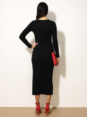 Women Black Rib Sweetheart Neck Ankle Full Sleeve Midi Dress