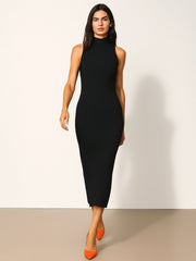 Women Black Rib Sleeveless Turtle Neck Midi Dress