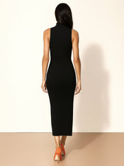 Women Black Rib Sleeveless Turtle Neck Midi Dress