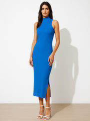 Women Royal Blue Sleeveless Rib Turtle Neck Midi Dress