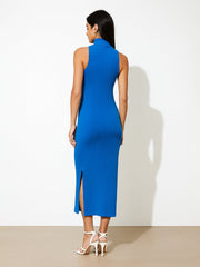 Women Royal Blue Sleeveless Rib Turtle Neck Midi Dress