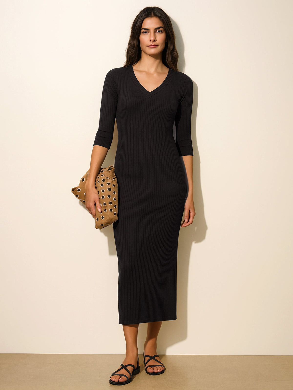 Women Black Rib Deep V-Neck Ankle Midi Dress