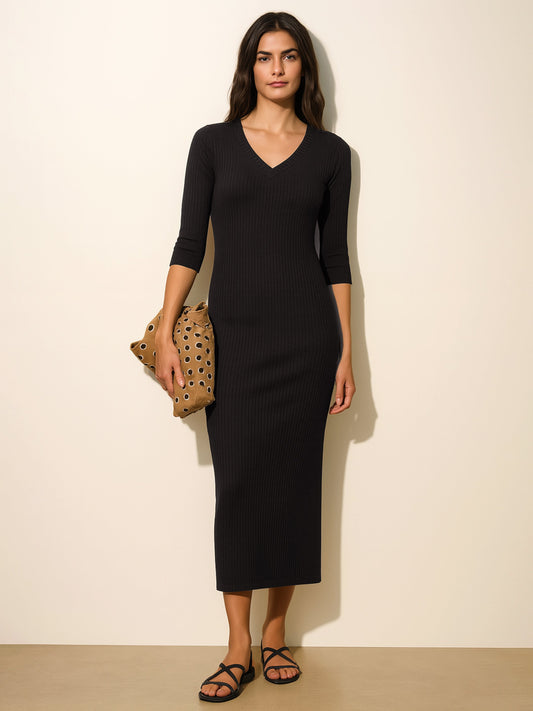 Women Black Rib Deep V-Neck Ankle Midi Dress