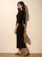 Women Black Rib Deep V-Neck Ankle Midi Dress