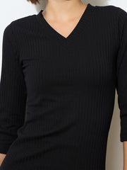 Women Black Rib Deep V-Neck Ankle Midi Dress