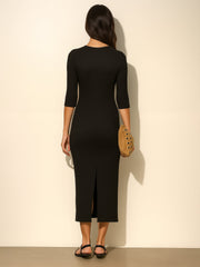 Women Black Rib Deep V-Neck Ankle Midi Dress