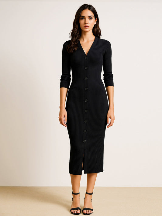 Women Black Rib Full Front Button V-Neck Midi Dress
