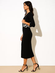 Women Black Rib Full Front Button V-Neck Midi Dress