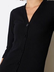 Women Black Rib Full Front Button V-Neck Midi Dress