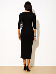 Women Black Rib Full Front Button V-Neck Midi Dress