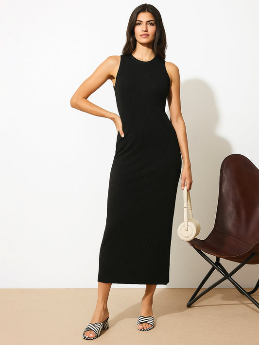 Women Black Rib Sleeveless Bodycon Maxi Dress