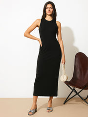 Women Black Rib Sleeveless Bodycon Maxi Dress