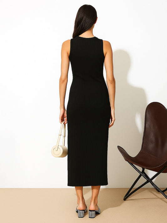 Women Black Rib Sleeveless Bodycon Maxi Dress
