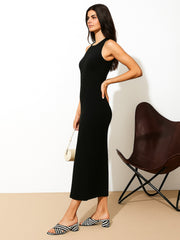 Women Black Rib Sleeveless Bodycon Maxi Dress