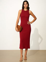 Women Maroon Rib Sleeveless Bodycon Maxi Dress