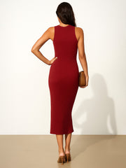 Women Maroon Rib Sleeveless Bodycon Maxi Dress
