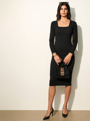 Women Black Rib Square Neck FS Midi Dress