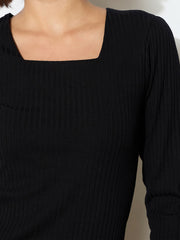 Women Black Rib Square Neck FS Midi Dress