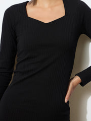 Women Black Rib Sweetheart Neck Knee Dress