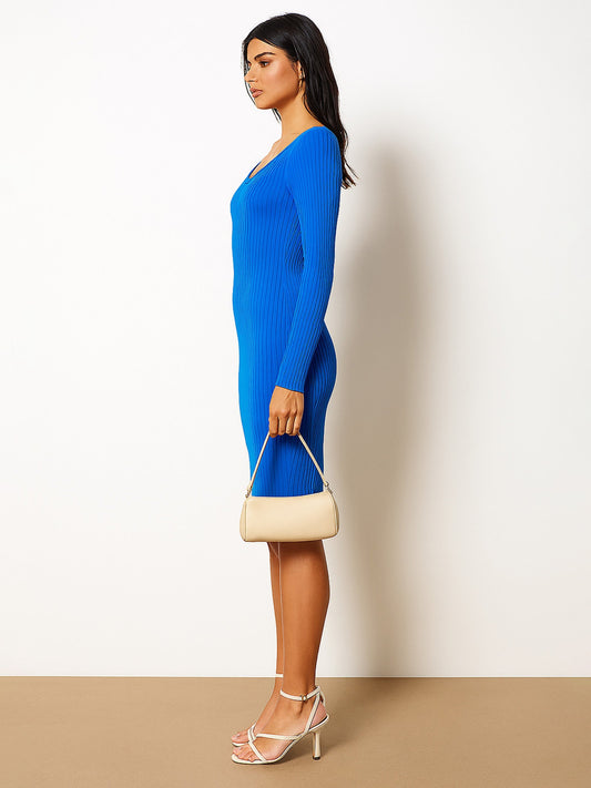 Women Royal Blue Rib Sweetheart Neck Knee Dress