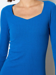Women Royal Blue Rib Sweetheart Neck Knee Dress