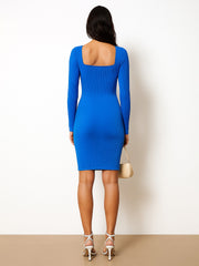 Women Royal Blue Rib Sweetheart Neck Knee Dress