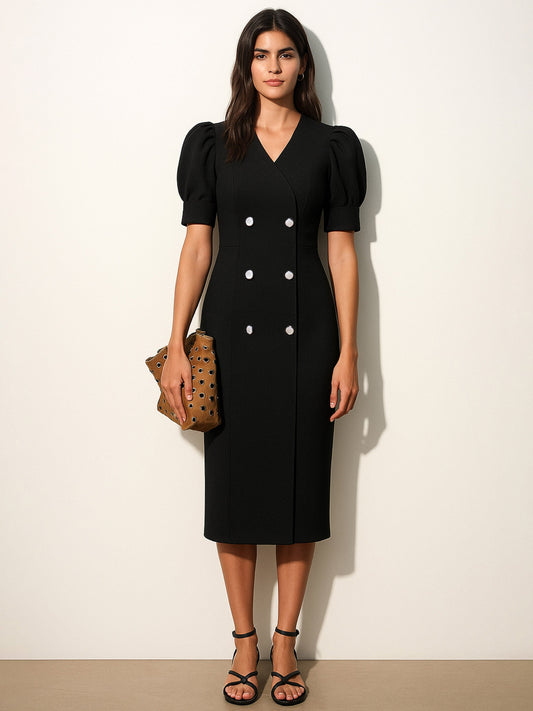 Women Black Double Button Mock Placket Bodycon Dress